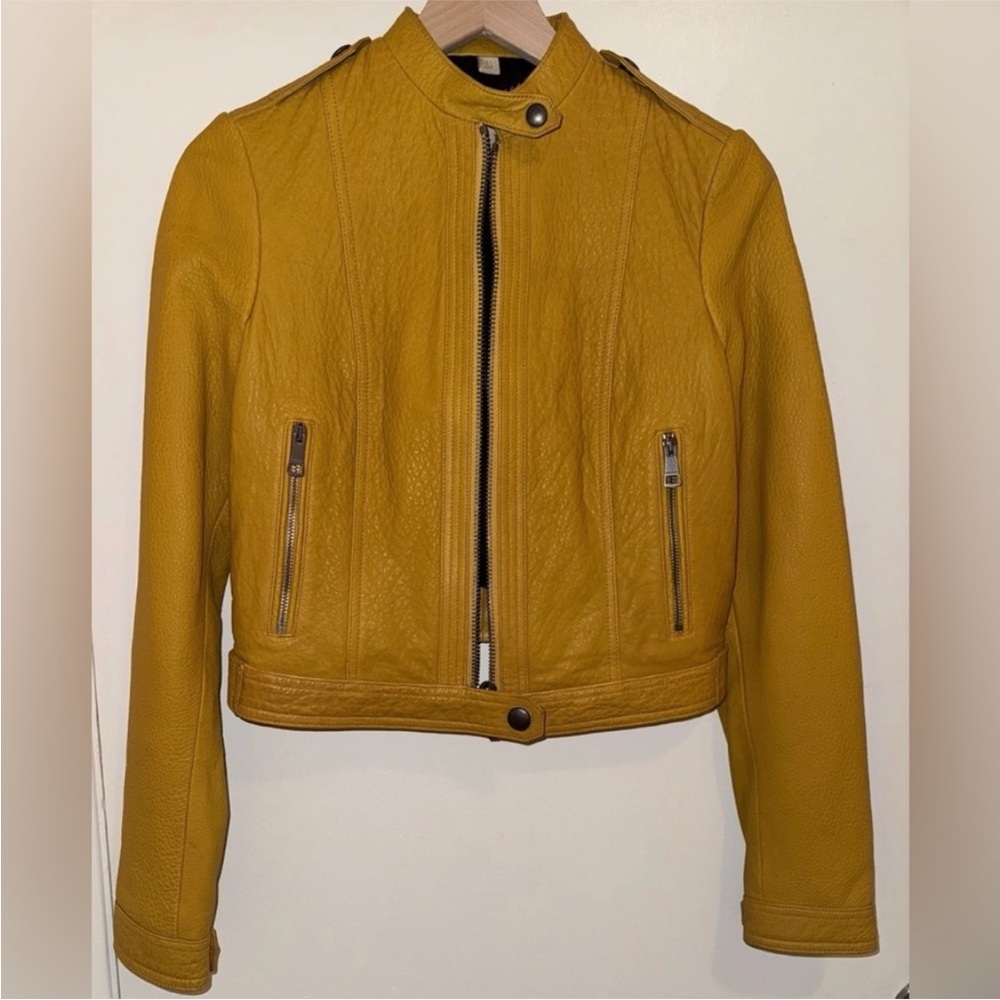 Burberry Genuine Leather Zip Up Jacket Mustard Yellow Moto Women’s Size 6